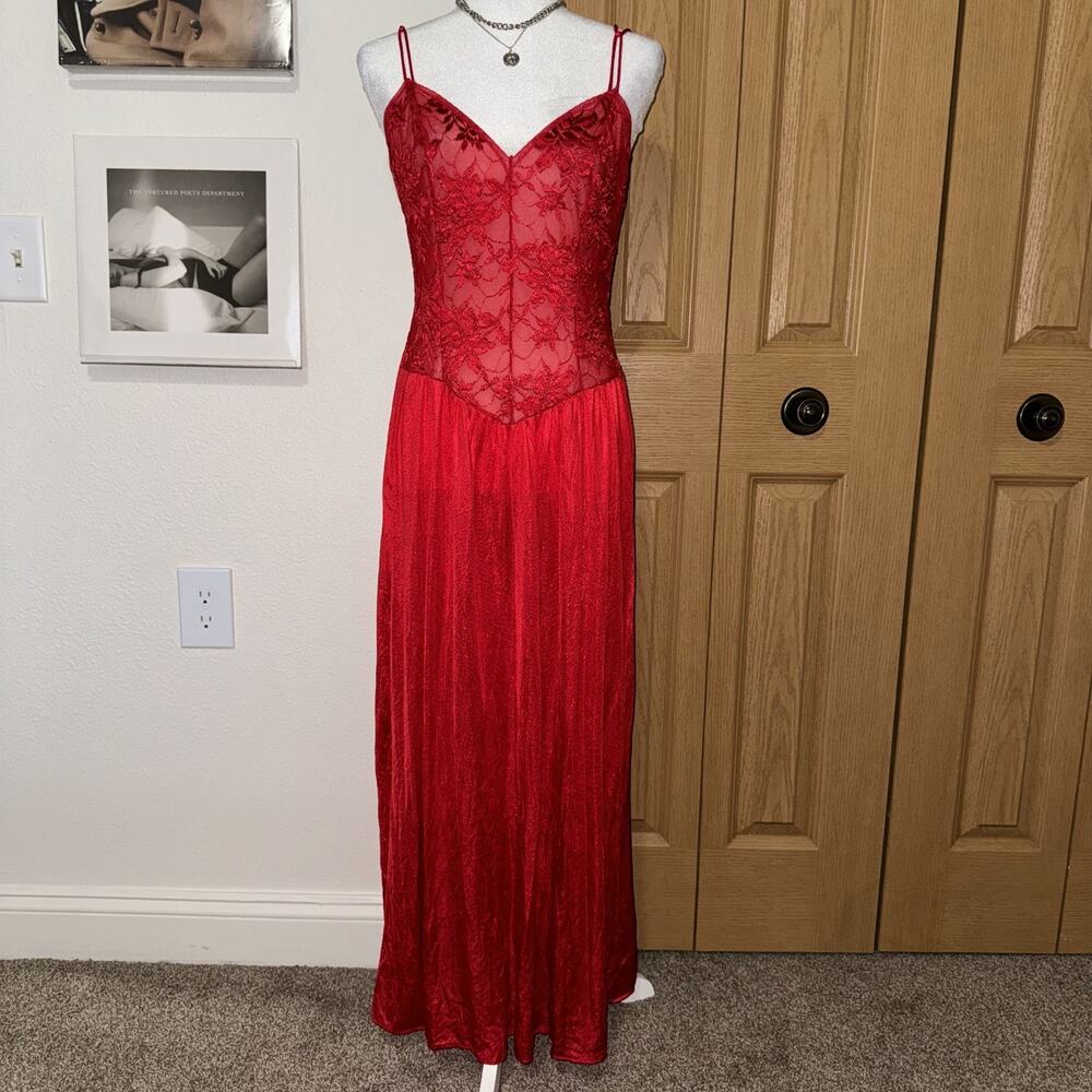 VTG Da Notte Maxi Slip Dress Women’s Medium Red Sheer V-Neck Lingerie Sleepwear